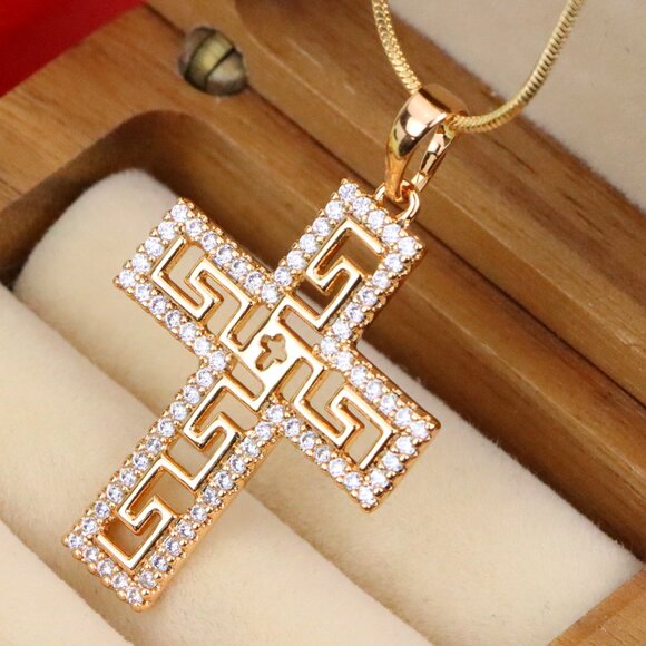 "Rose Gold Cross Pendant with Greek Key and CZ Detail, XPPT1262 - Picture 1 of 12